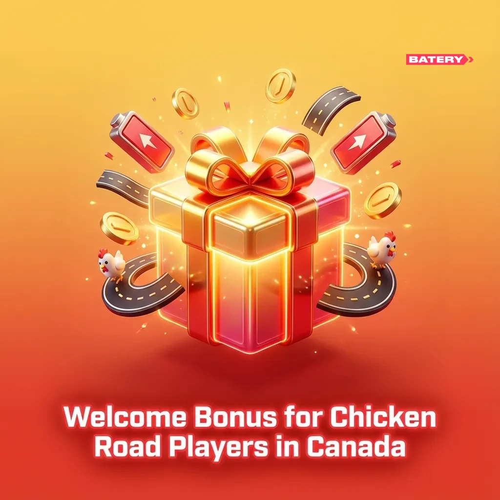 Canadian Batery casino welcome bonus ad highlighting Chicken Road offers, deposit matches, free spins, and sports betting promos