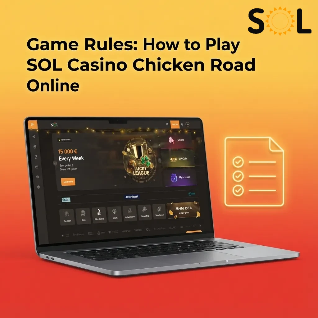 Cartoon chicken crossing a road as a rising multiplier bar climbs, labeled with SOL Casino game rules and betting options.