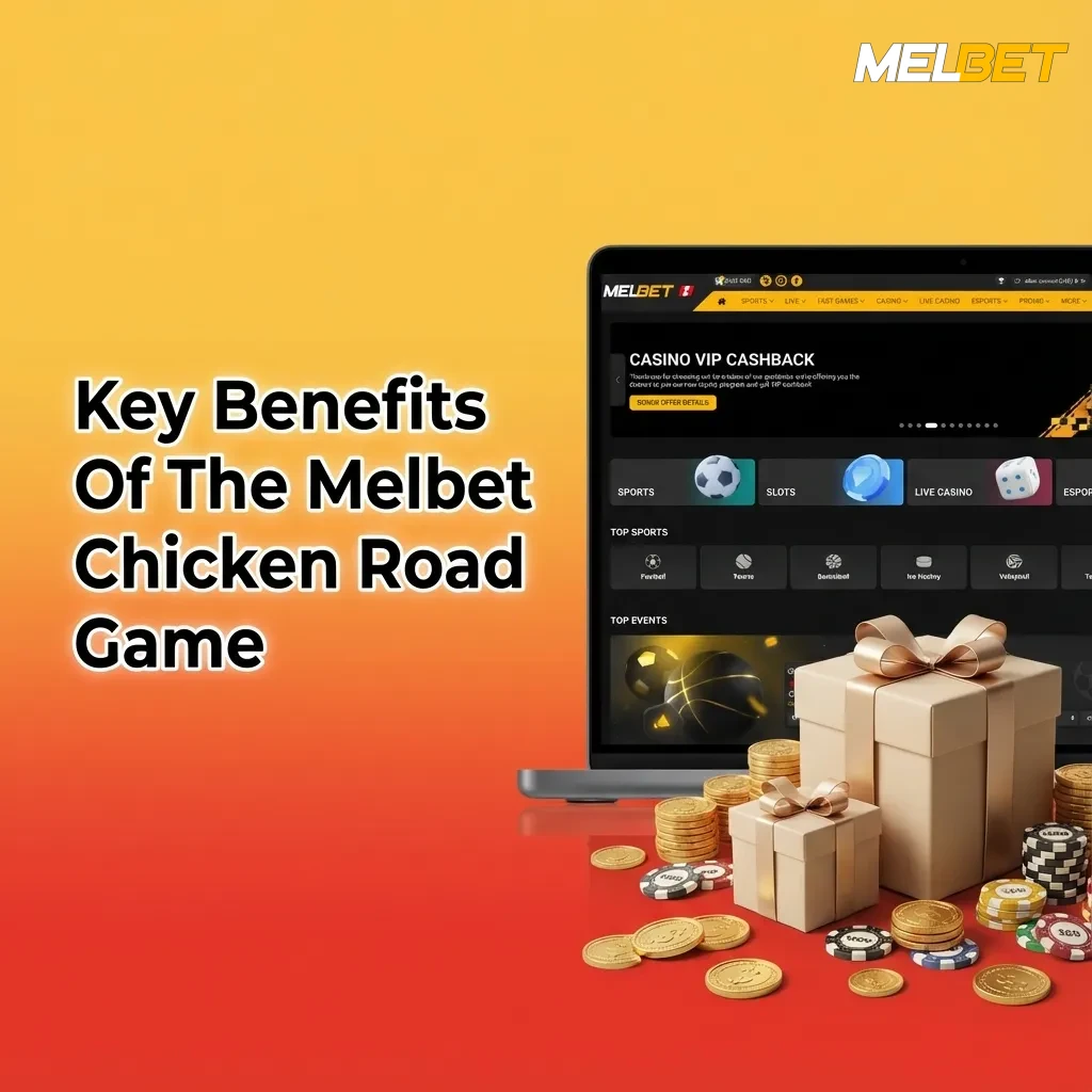 Infographic listing key benefits of the Melbet Chicken Road crash game, including RTP, stats, tools, low bets and support