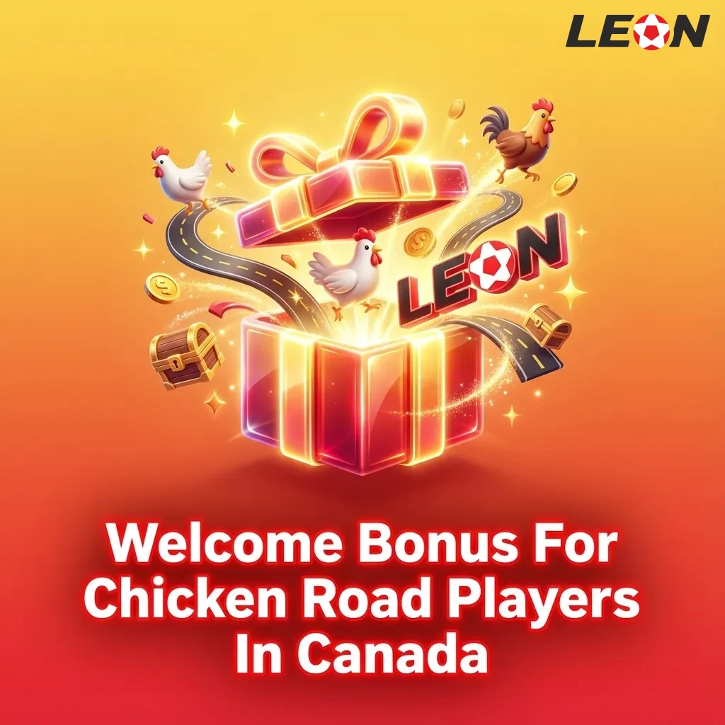 Canadian LeonBet welcome bonus banner showing free spins, free bets, and steps to claim for Chicken Road players