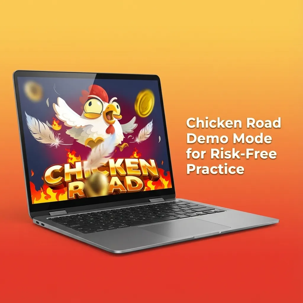 Chicken Road slot game demo screen on a laptop, showing cartoon chickens and play-money credits for risk-free practice