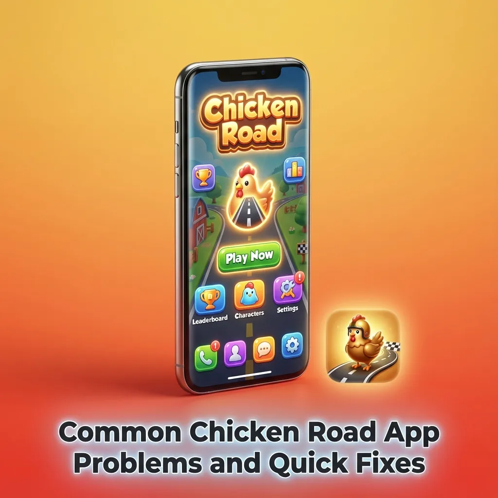 Smartphone showing Chicken Road app with warning icons and checklist of common problems and quick fixes