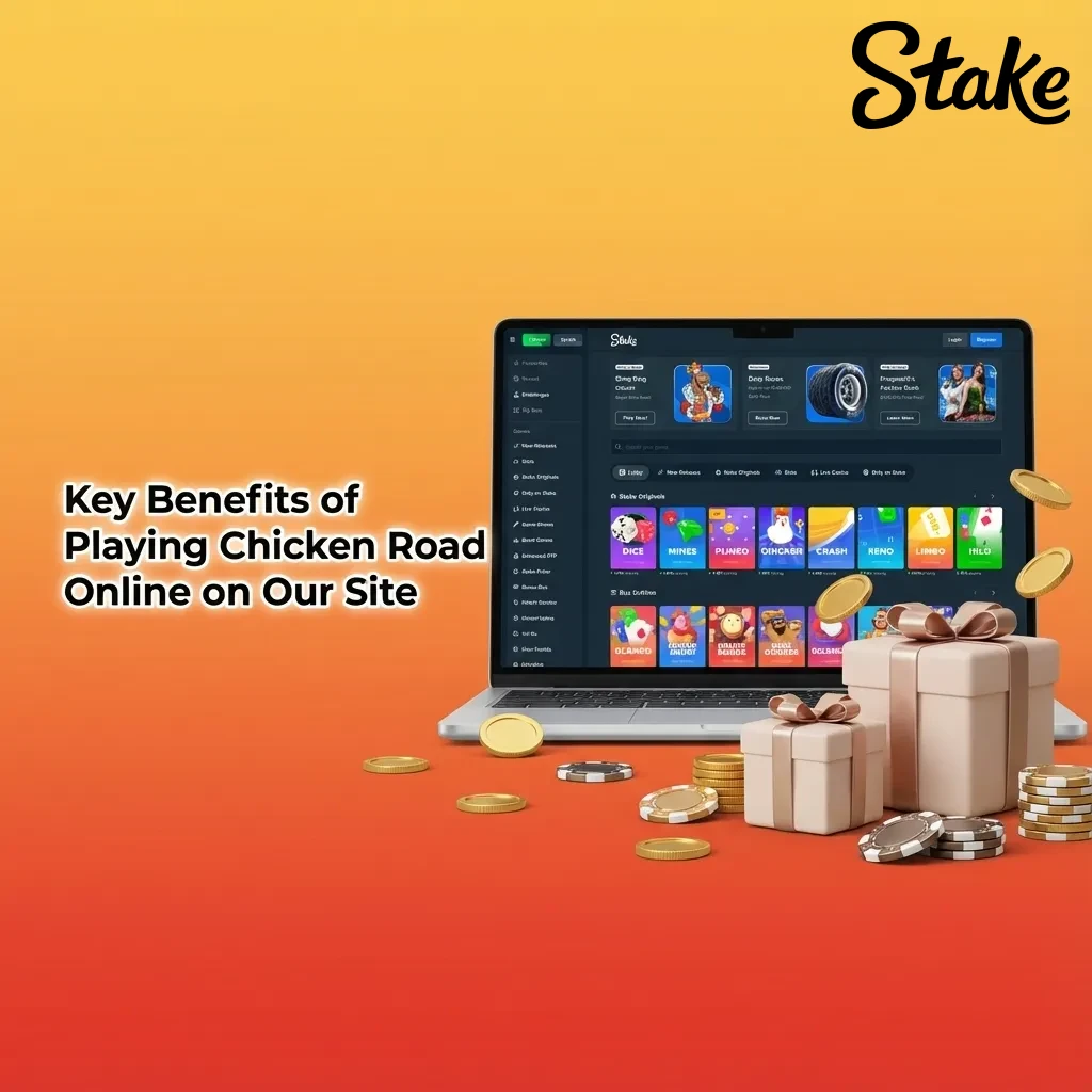 Infographic listing key benefits of playing Chicken Road online, including high RTP, cash-out options, stats, demo mode, and fast crypto