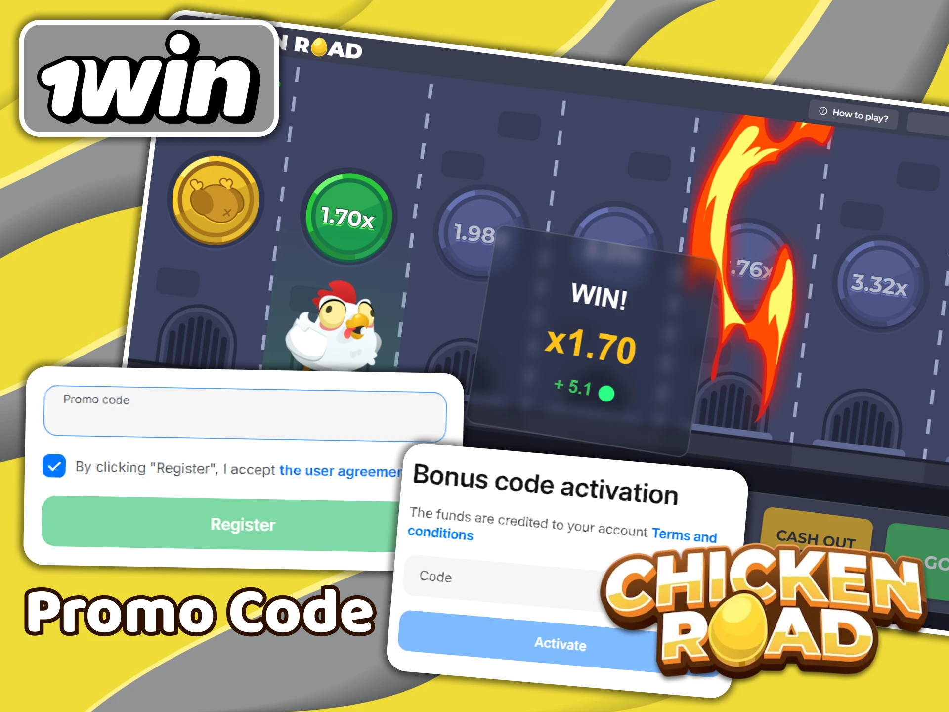 Enter the promo code when registering on 1win and receive bonuses that can be used in Chicken Road.