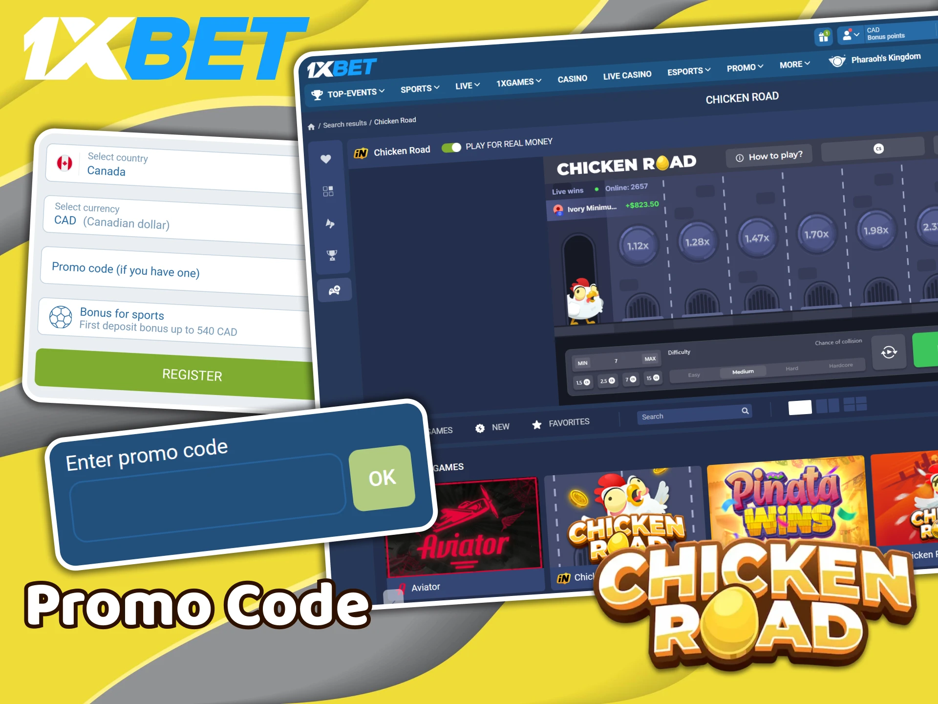 Register at 1XBet and enter the promo code in the designated field to use it in Chicken Road.