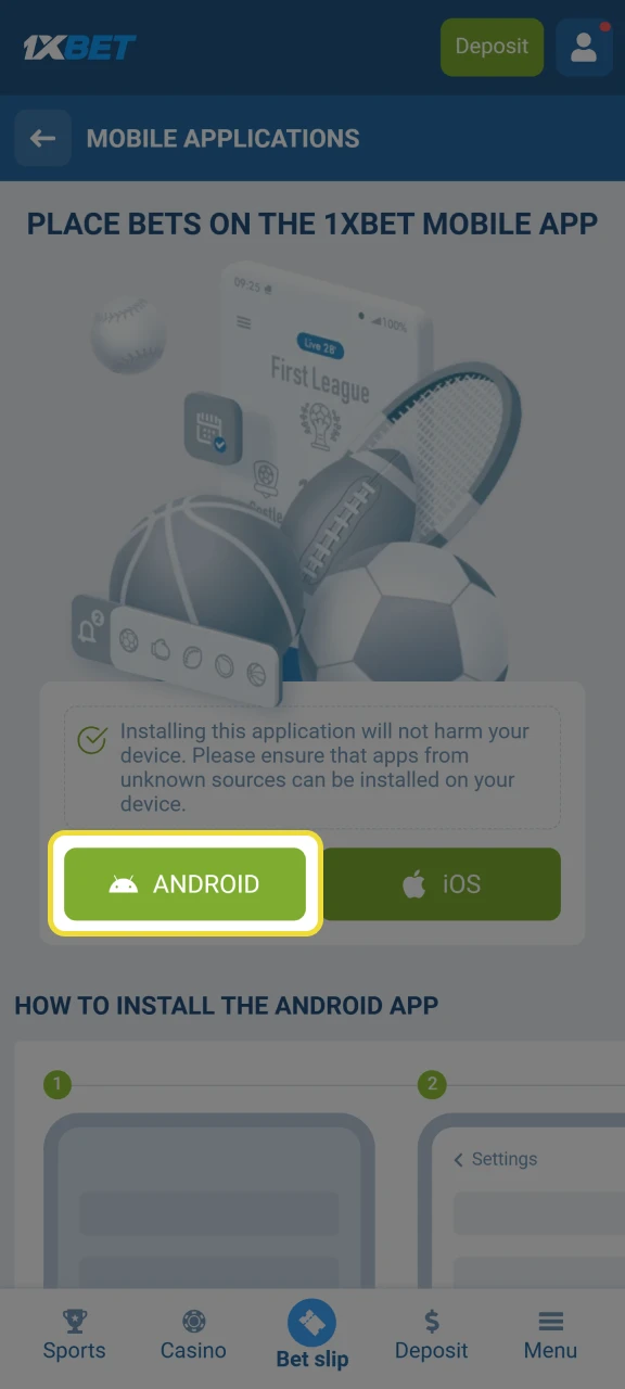 Click Download for Android to get the casino APK file.