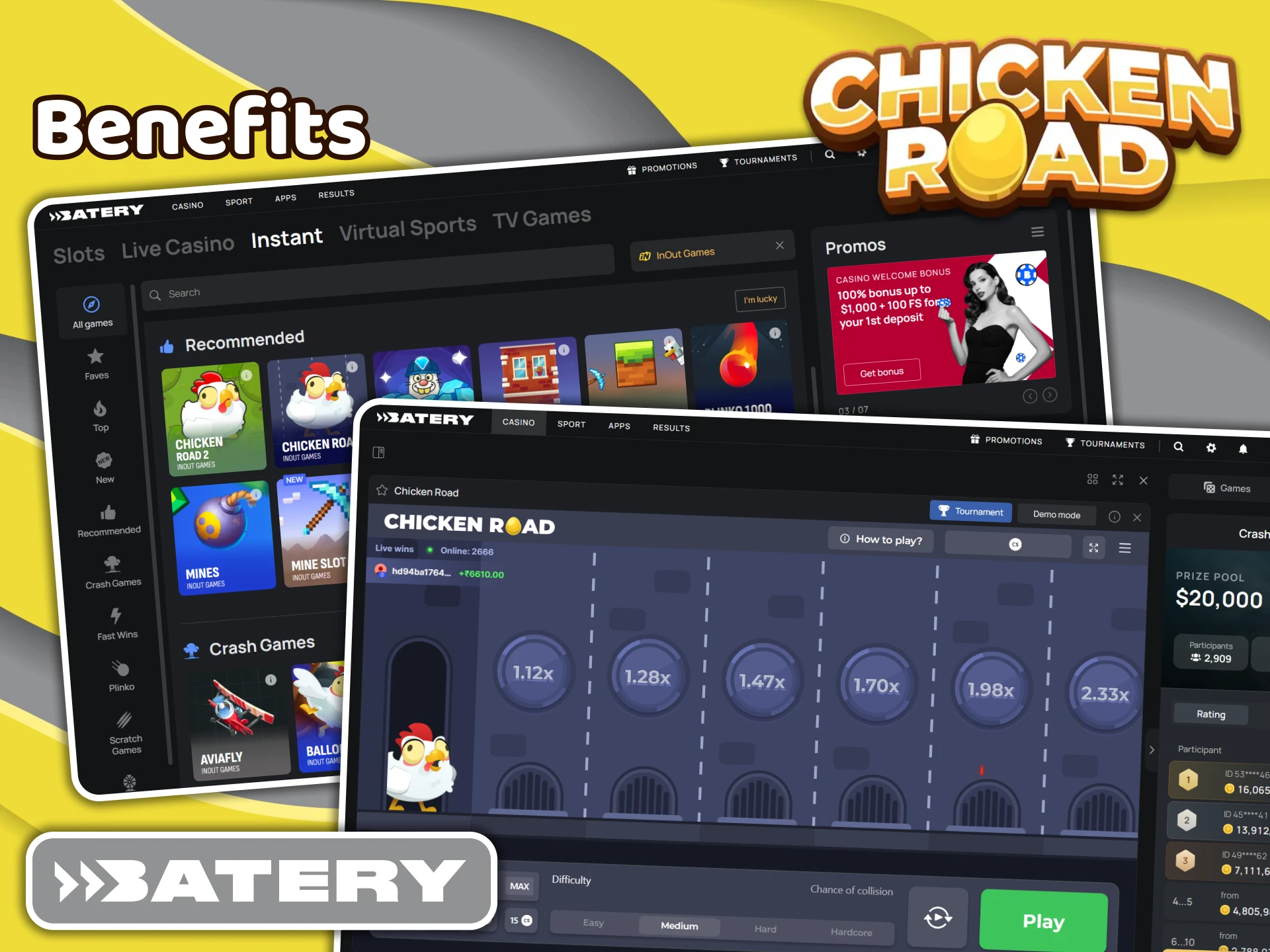 Check out the benefits of playing Chicken Road at Batery casino.