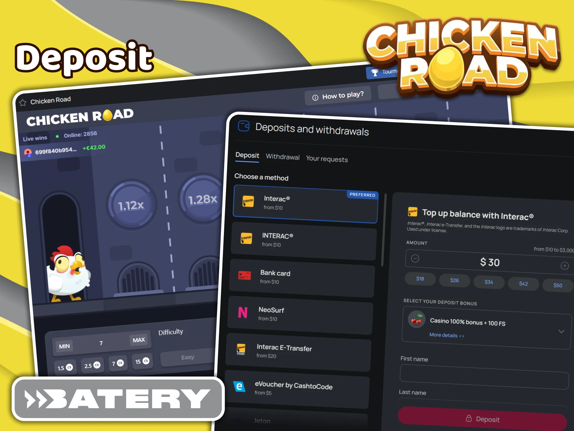 Choose a payment method and make your first deposit at Batery to play Chicken Road.