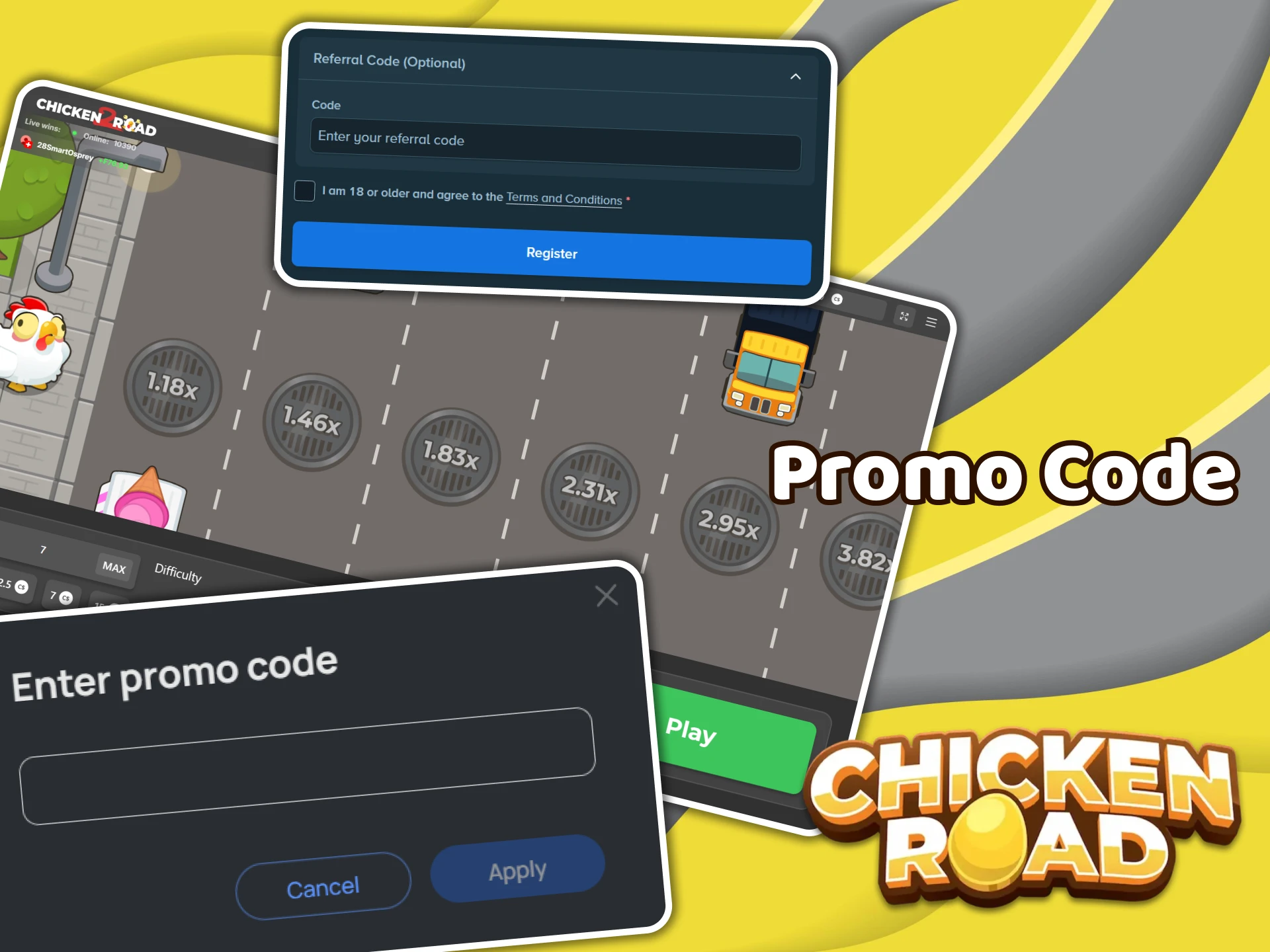 Add a promo code during registration to use the bonus in Chicken Road 2.