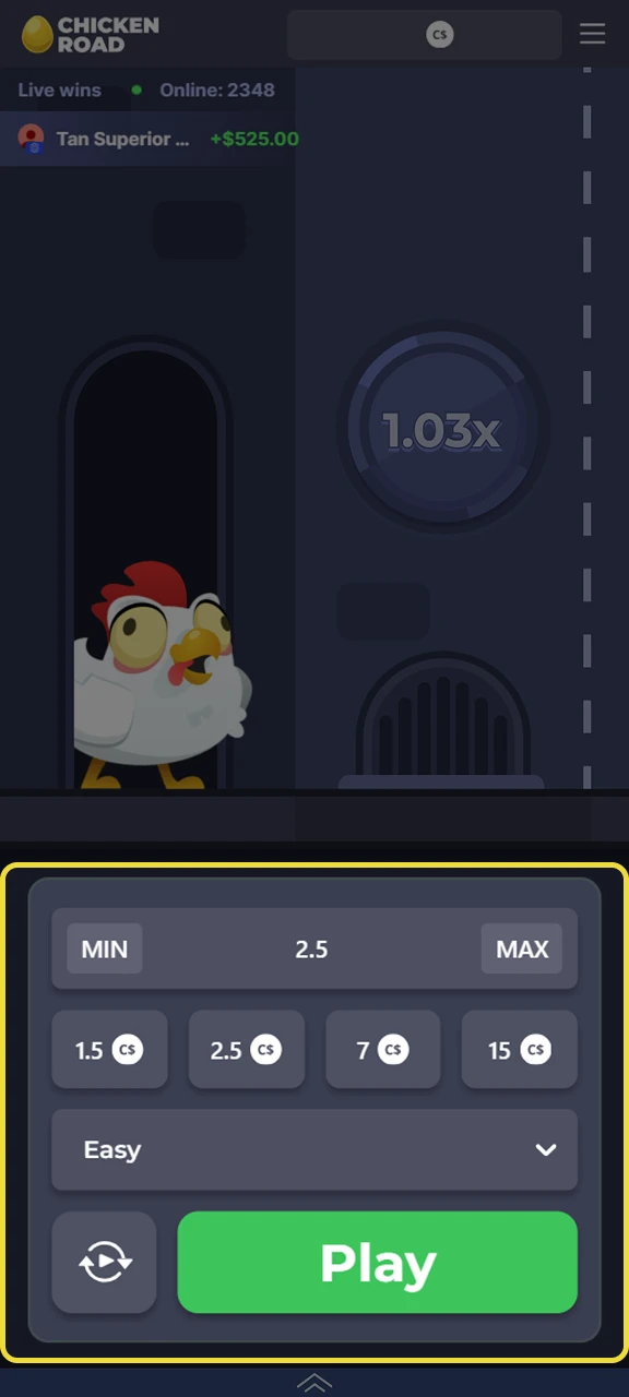 Select the bet amount and start the round in the Chicken Road game.