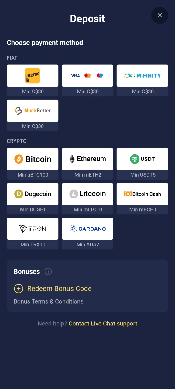 Select a payment method and add funds to your Joo Casino account.