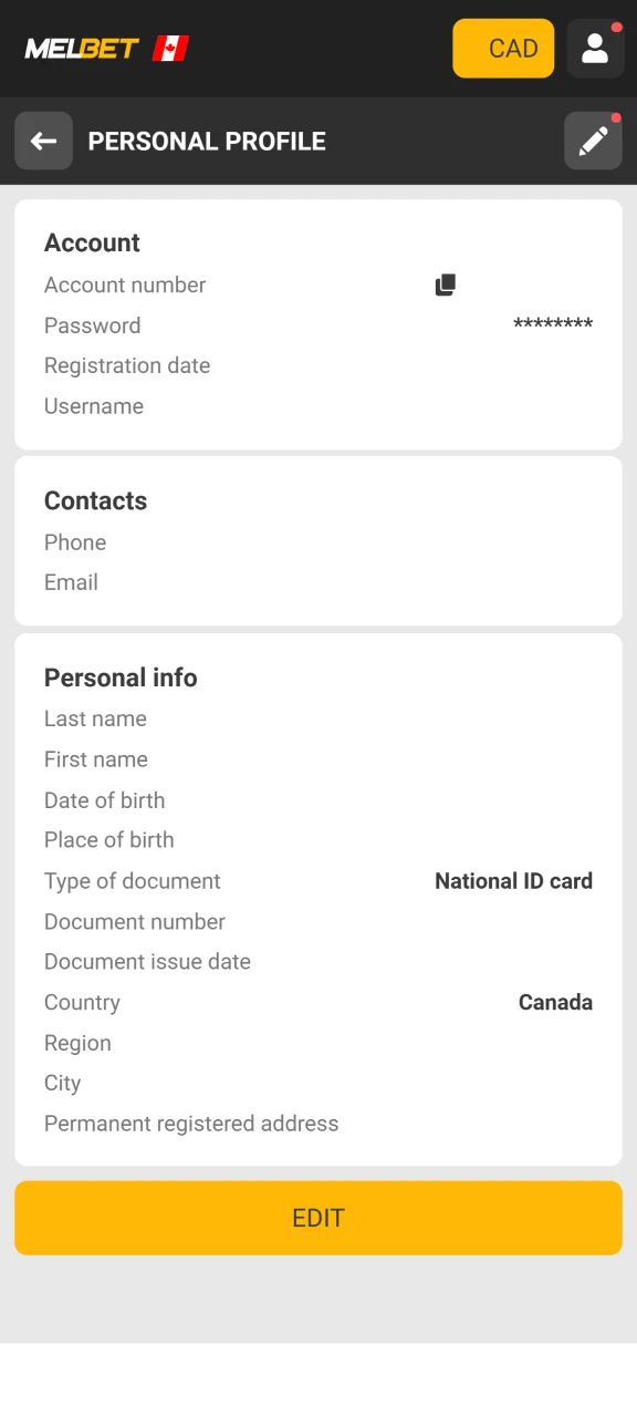 Add information about yourself to fill out and verify your Melbet account.