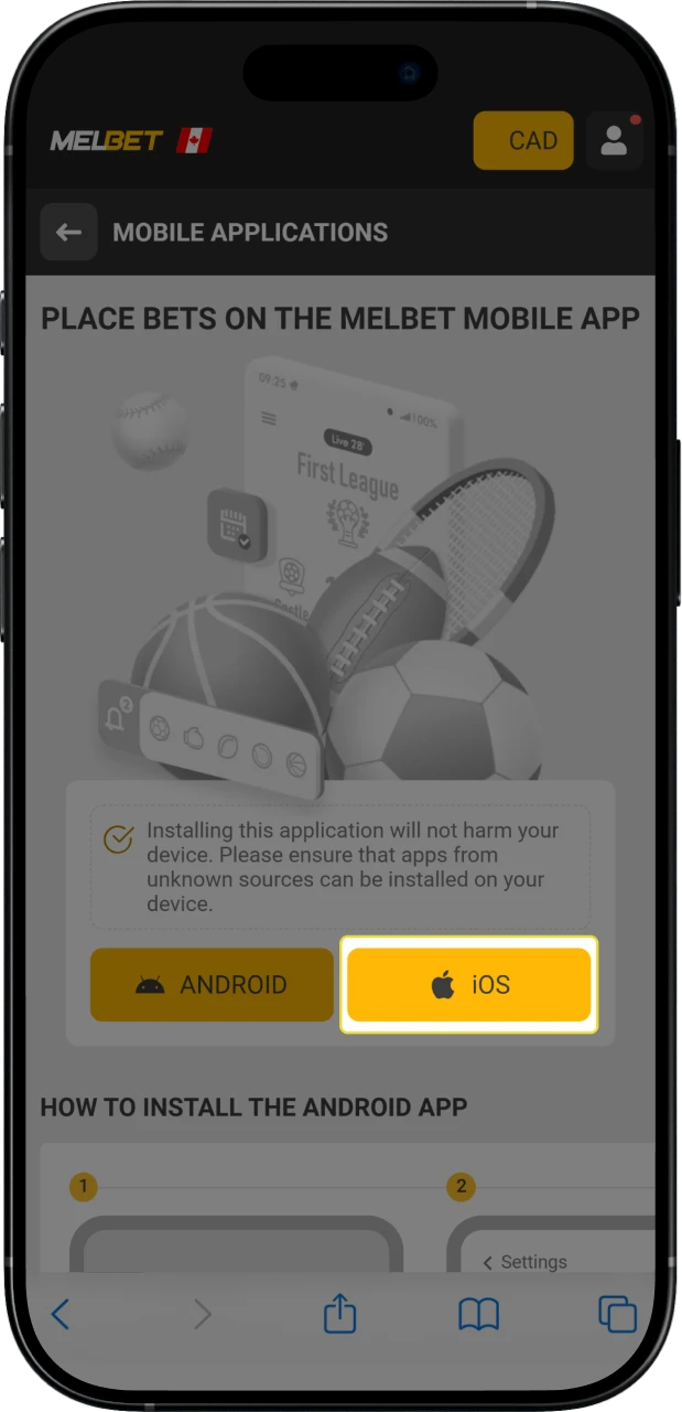Click on the iOS icon to get instructions on how to install Melbet.