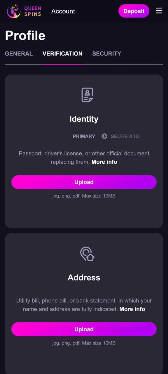 After successful registration and deposit, verify your Queenspins account.