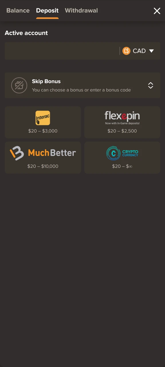 Select a payment method to deposit to SOL Casino.