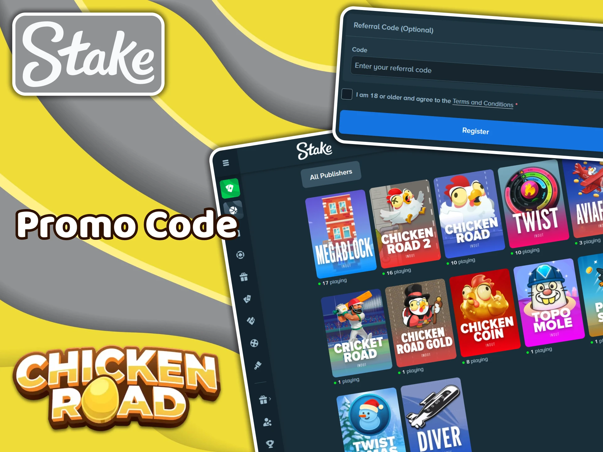 Use a promo code if you have one at Stake and use bonuses in the Chicken Road game.