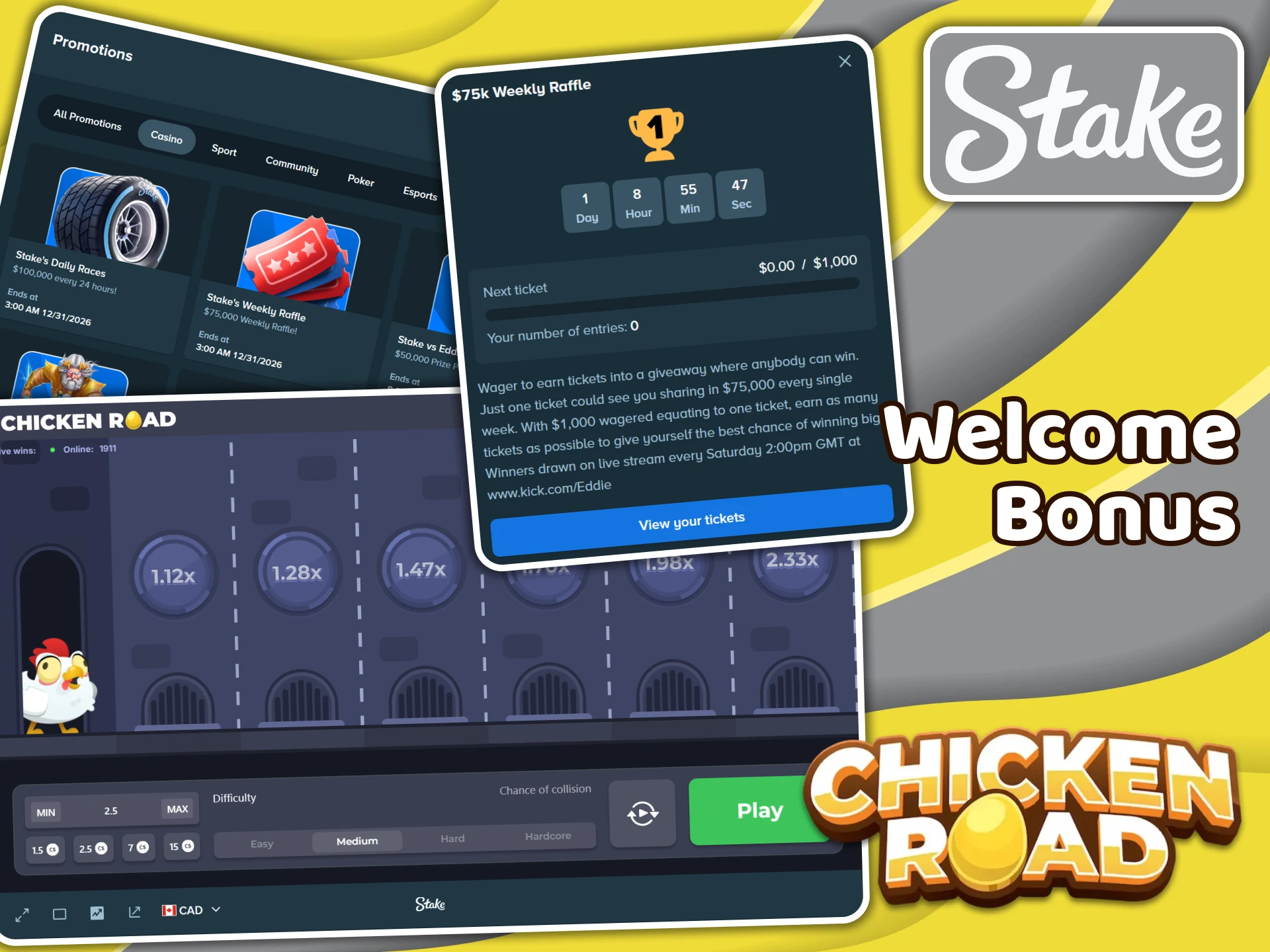 Receive a welcome bonus from Stake and start playing Chicken Road.